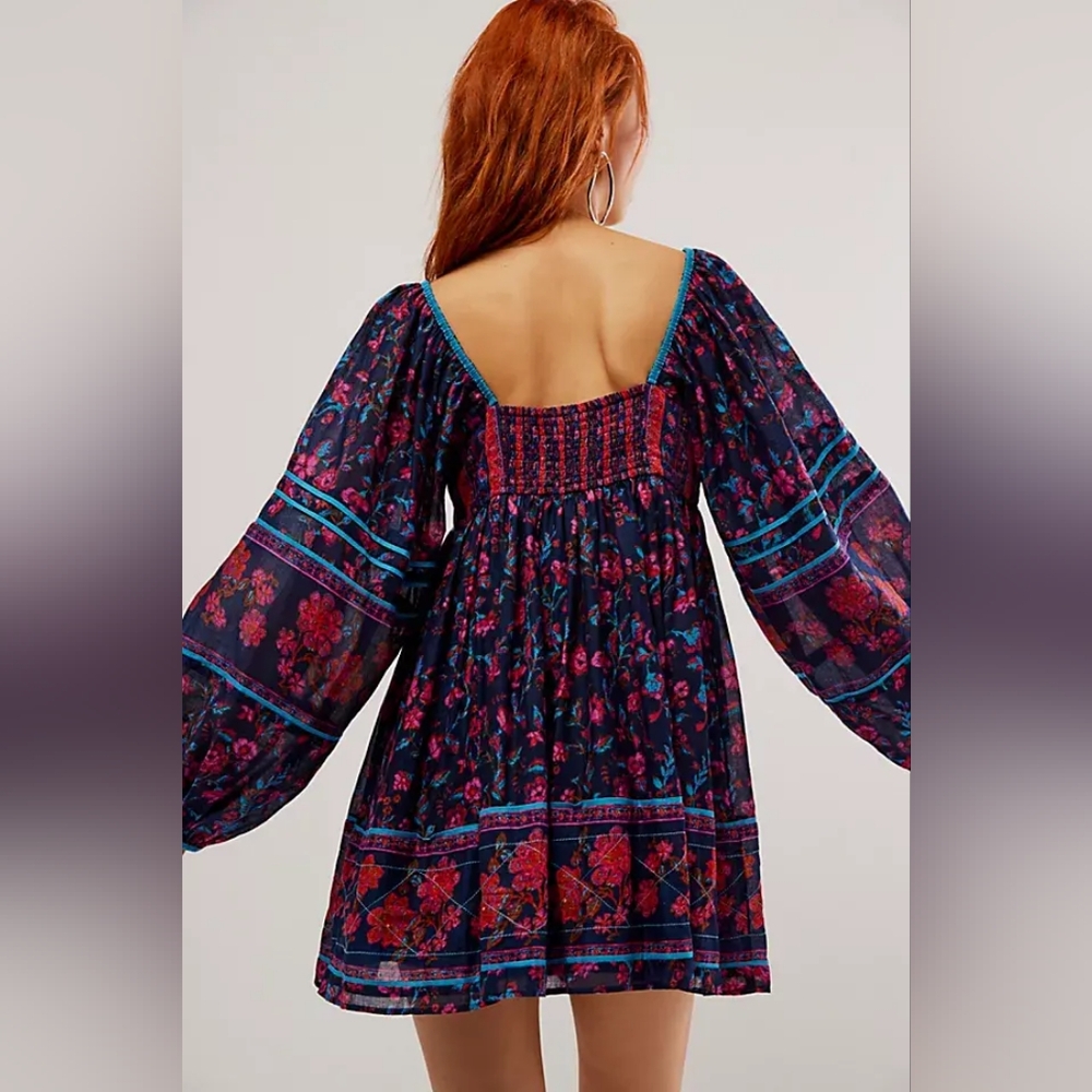 Free People Navy Blue Floral Mini Dress with Pink and Teal Accents - Picture 3 of 4